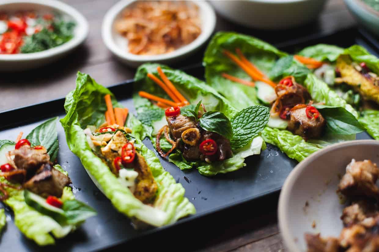 Ginger Lemongrass Pork Lettuce Wraps with Nuoc Cham Sauce