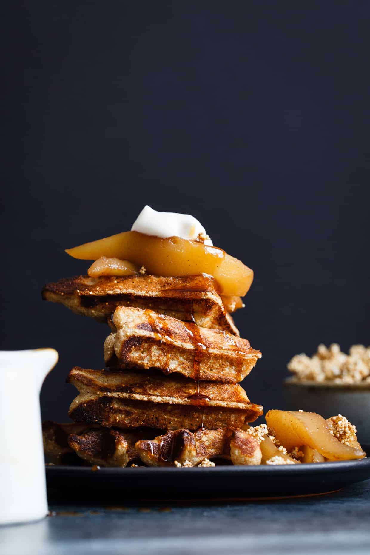 Gluten-Free Sweet Amaranth Waffles with Spiced Chai Poached Pears