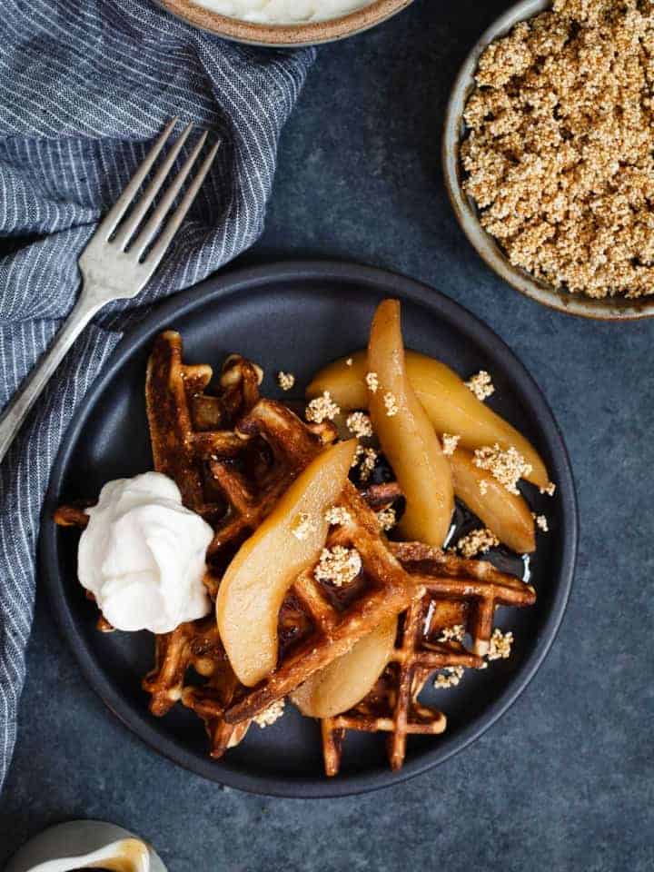 Gluten-Free Sweet Amaranth Waffles with Spiced Chai Poached Pears