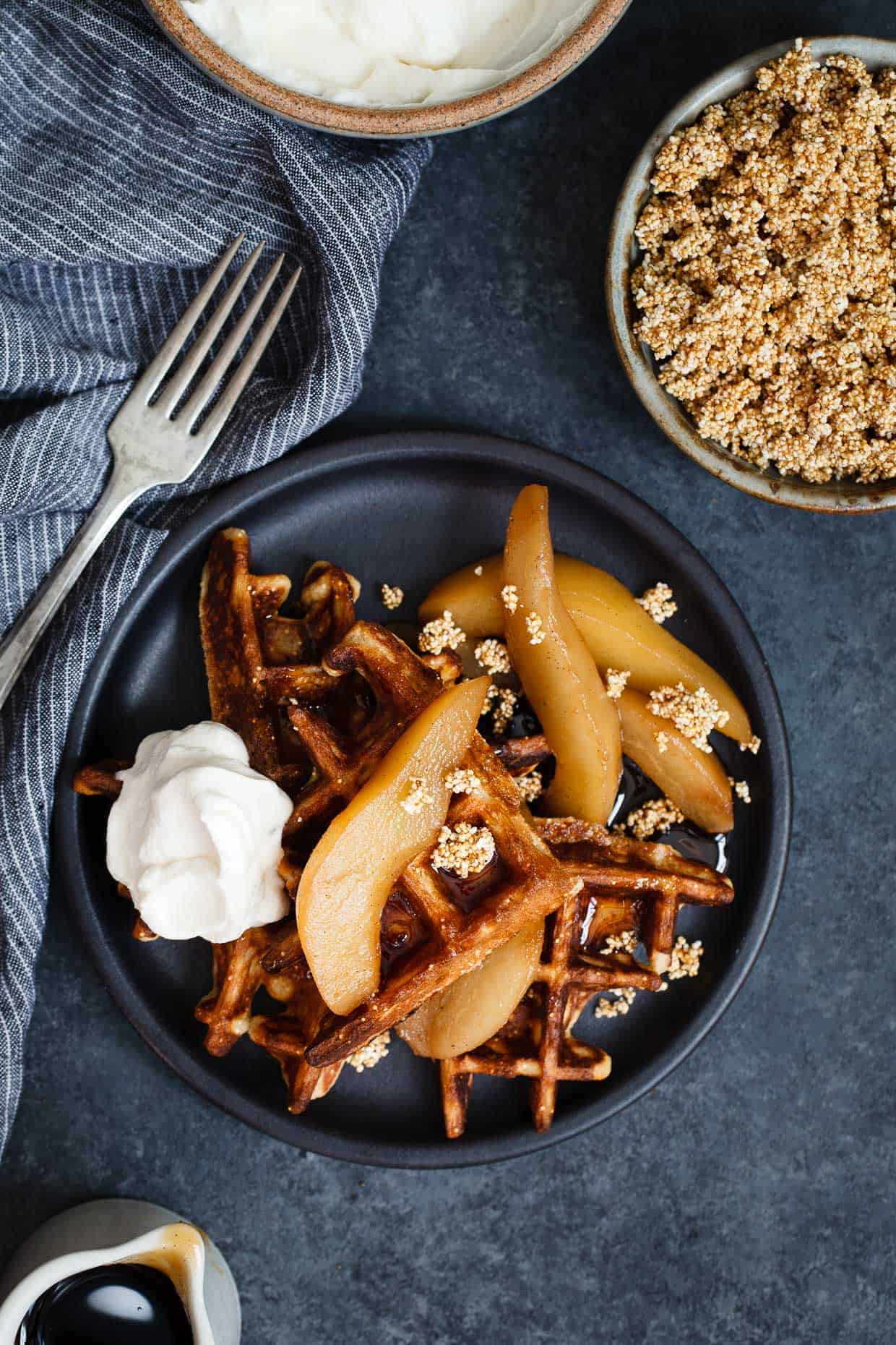 Gluten-Free Sweet Amaranth Waffles with Spiced Chai Poached Pears