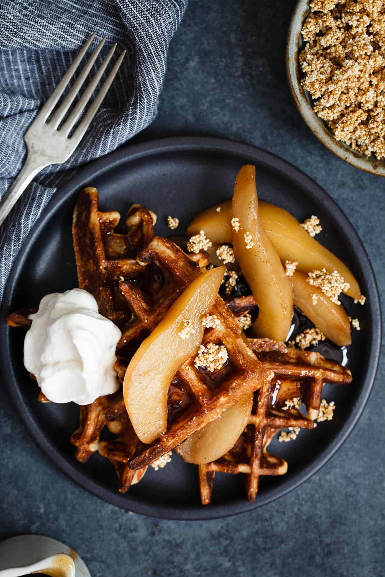 Gluten-Free Sweet Amaranth Waffles with Spiced Chai Poached Pears