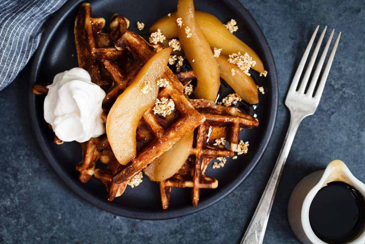 Gluten-Free Sweet Amaranth Waffles with Spiced Chai Poached Pears