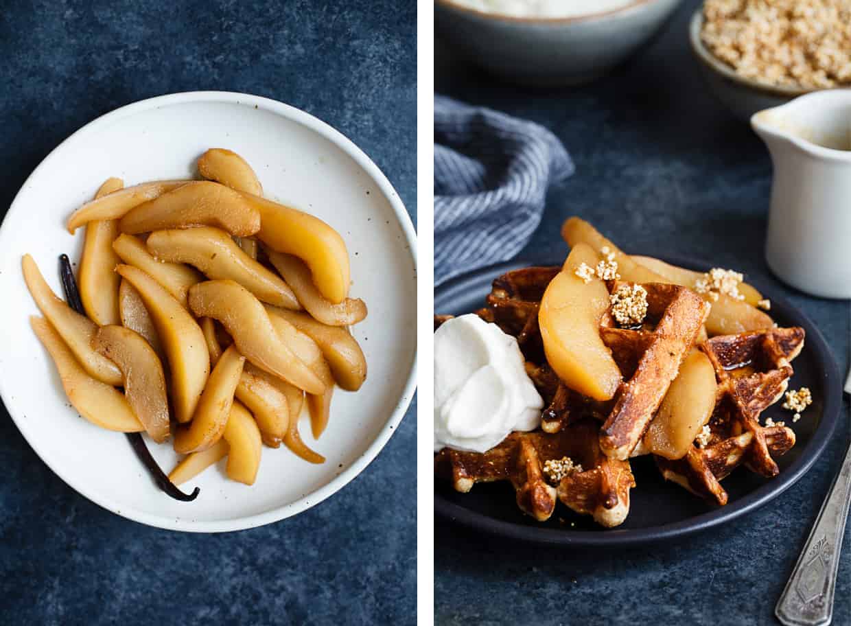 Gluten-Free Sweet Amaranth Waffles with Spiced Chai Poached Pears