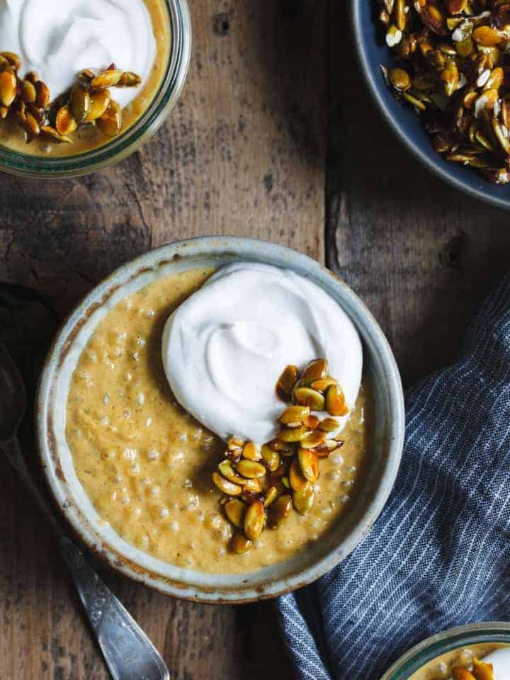 Pumpkin Tapioca Pudding with Candied Pumpkin Seeds