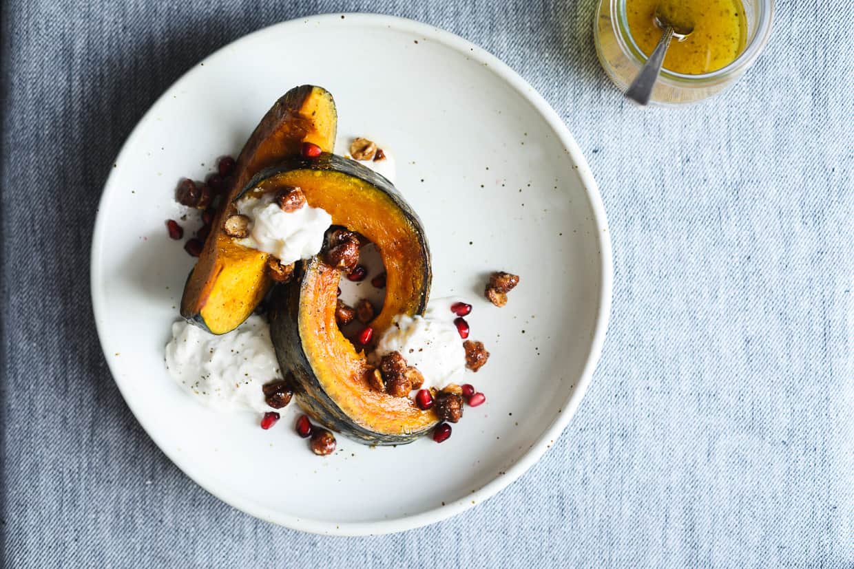 Roasted Squash with Burrata, Spicy Hazelnuts, and Maple Vinaigrette