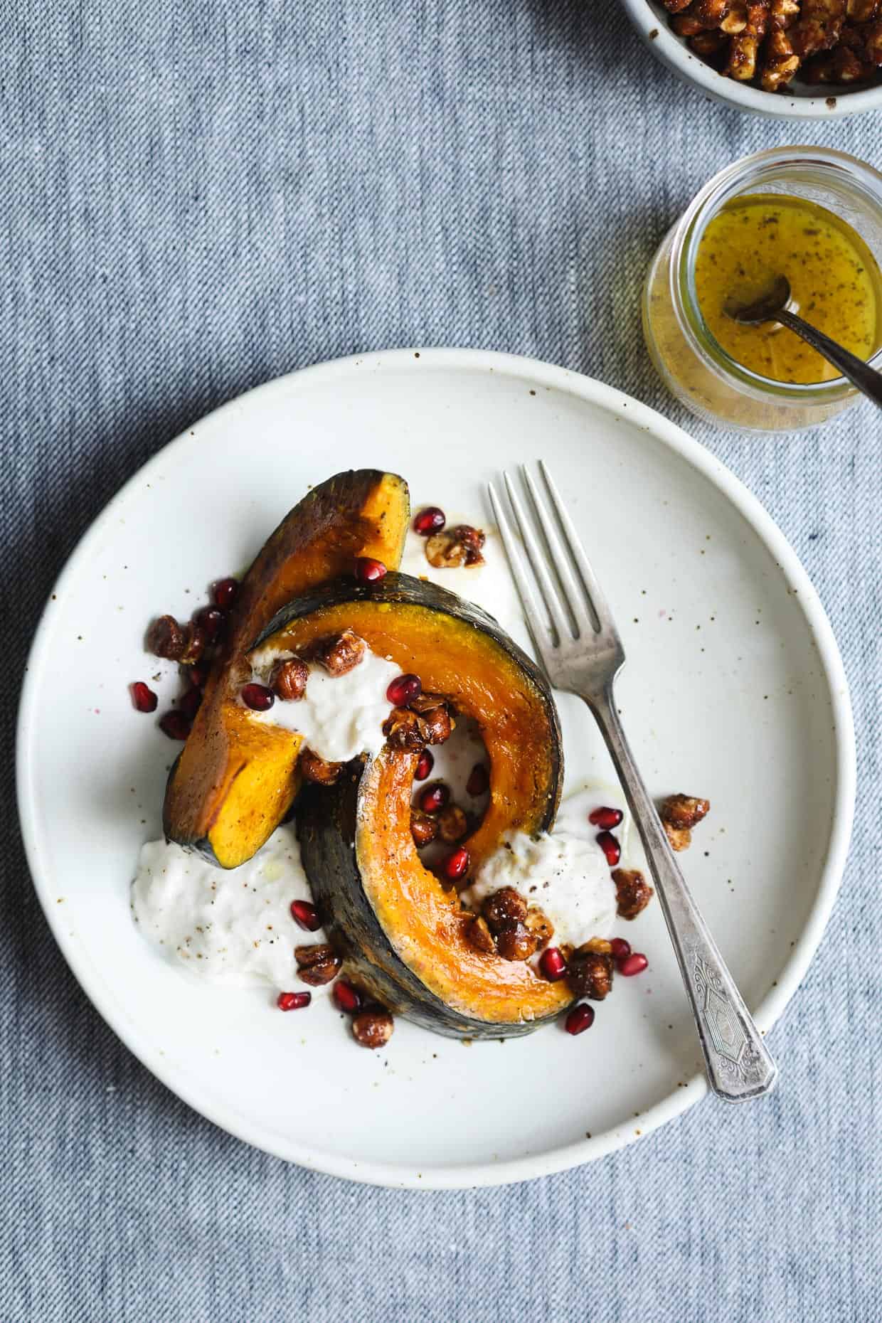 Roasted Squash with Burrata, Spicy Hazelnuts, and Maple Vinaigrette