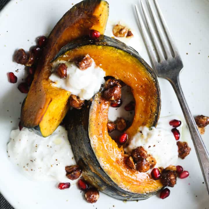 Roasted Squash with Burrata, Spicy Hazelnuts, and Maple Vinaigrette