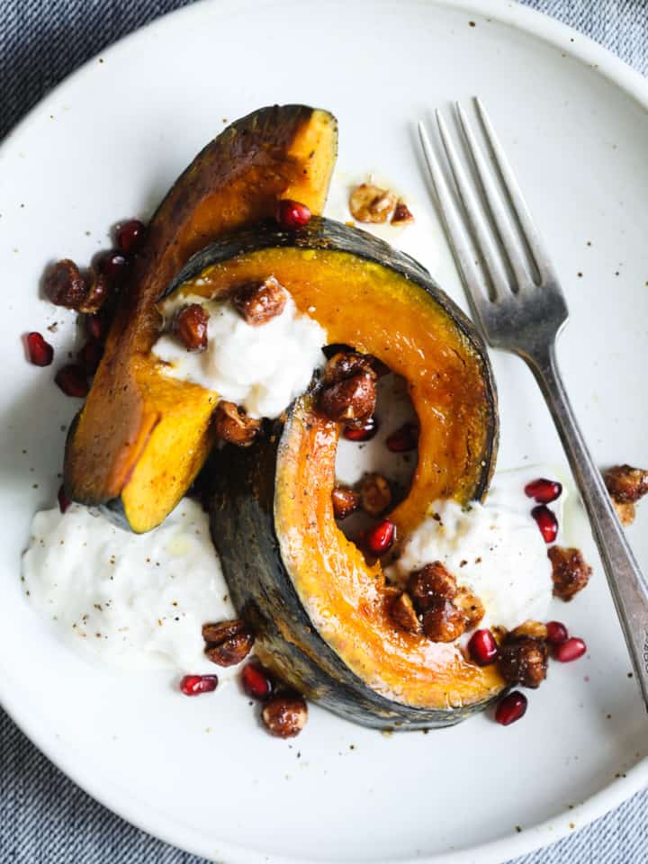 Roasted Squash with Burrata, Spicy Hazelnuts, and Maple Vinaigrette