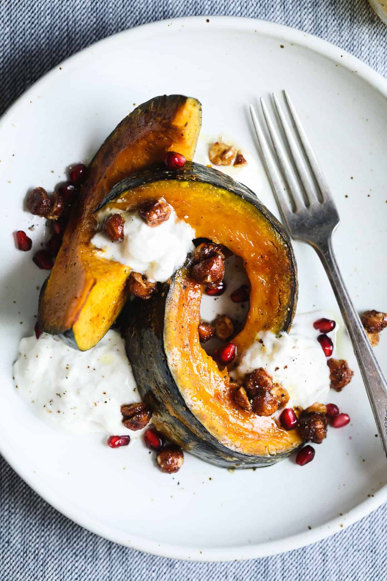 Roasted Squash with Burrata, Spicy Hazelnuts, and Maple Vinaigrette