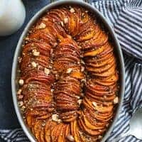 Maple Harissa Sweet Potato Gratin with Almond Dukkah