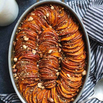 Maple Harissa Sweet Potato Gratin with Almond Dukkah