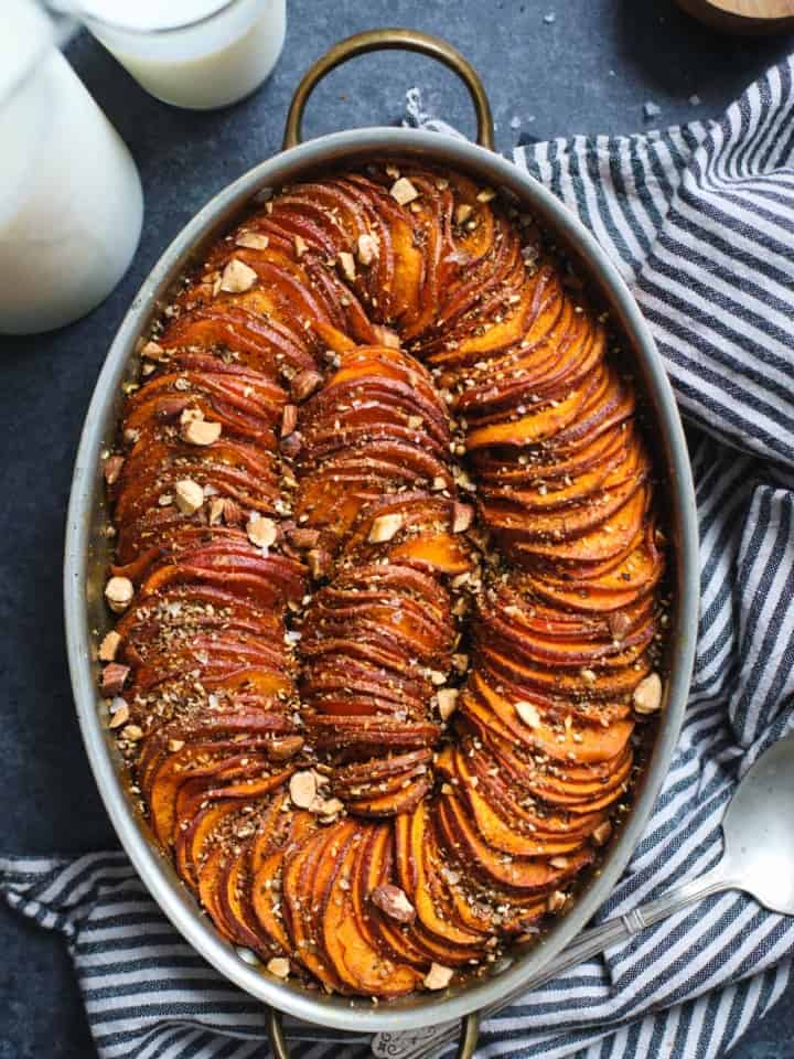 Maple Harissa Sweet Potato Gratin with Almond Dukkah