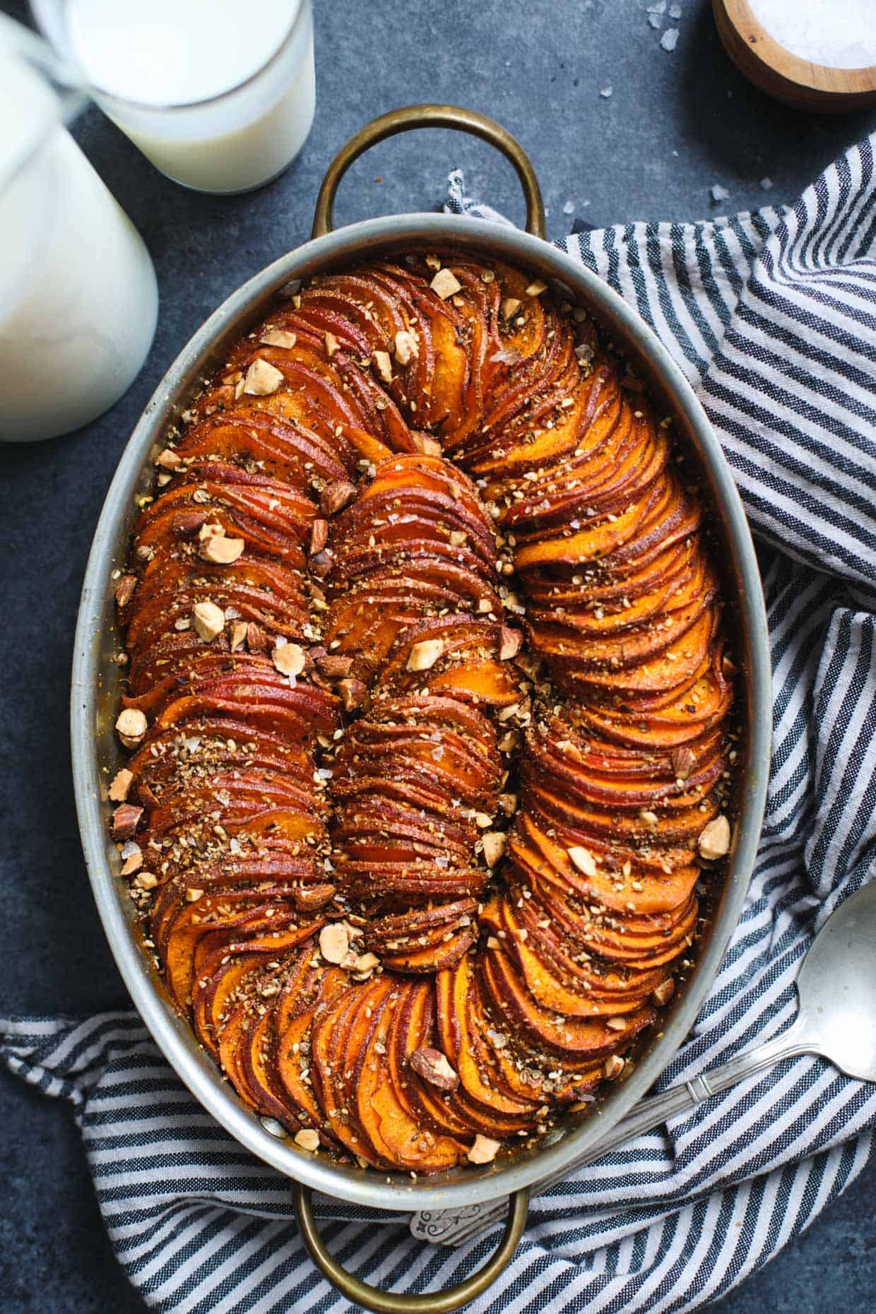 Maple Harissa Sweet Potato Gratin with Almond Dukkah