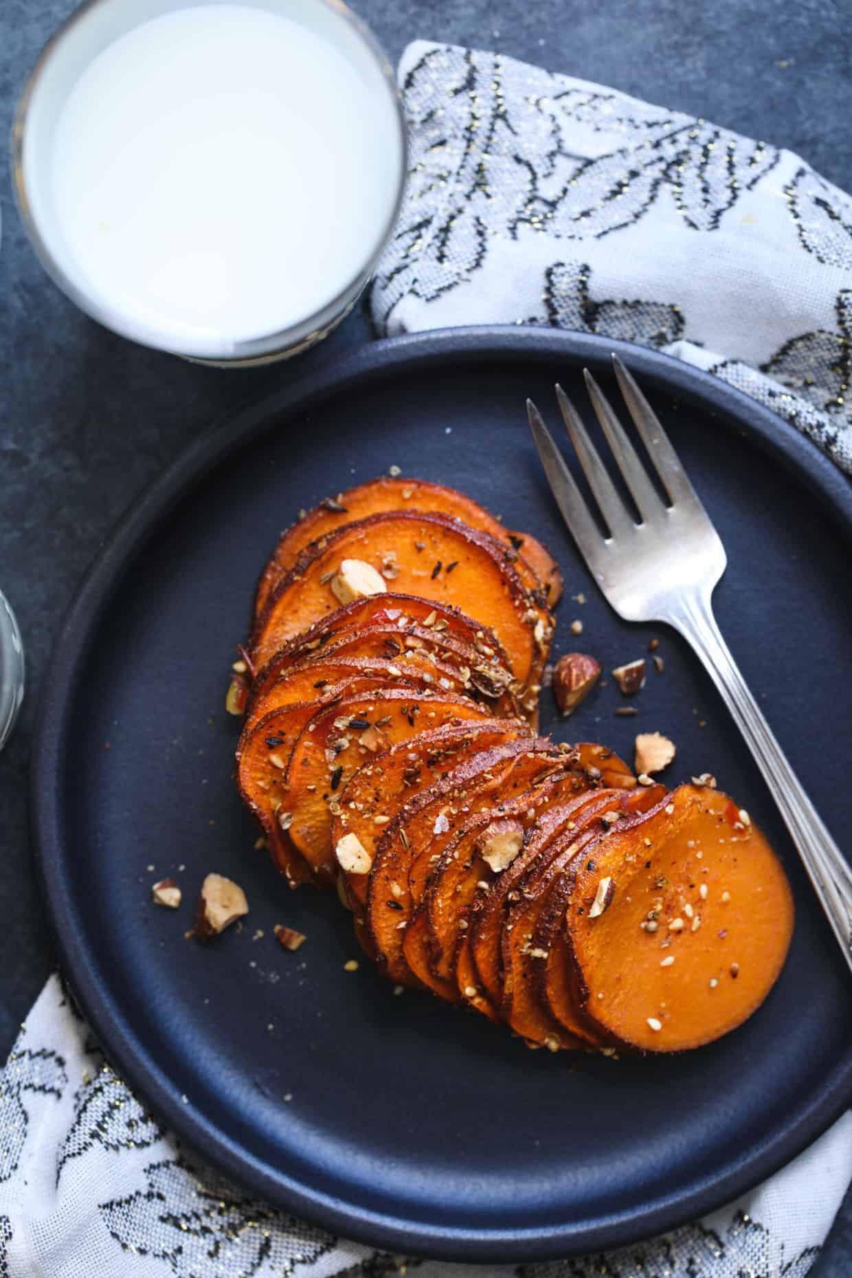 Maple Harissa Sweet Potato Gratin with Almond Dukkah