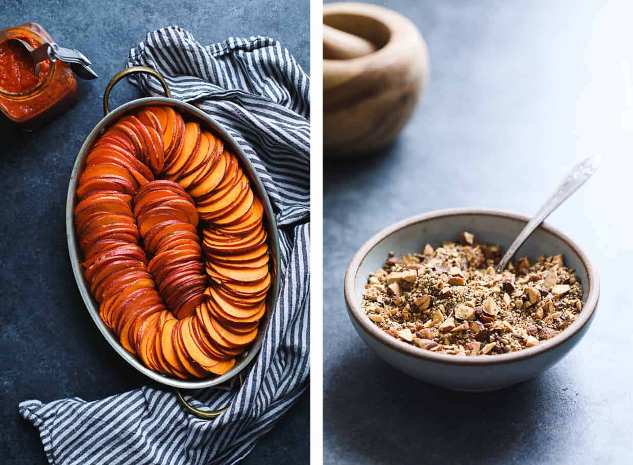 Maple Harissa Sweet Potato Gratin with Almond Dukkah