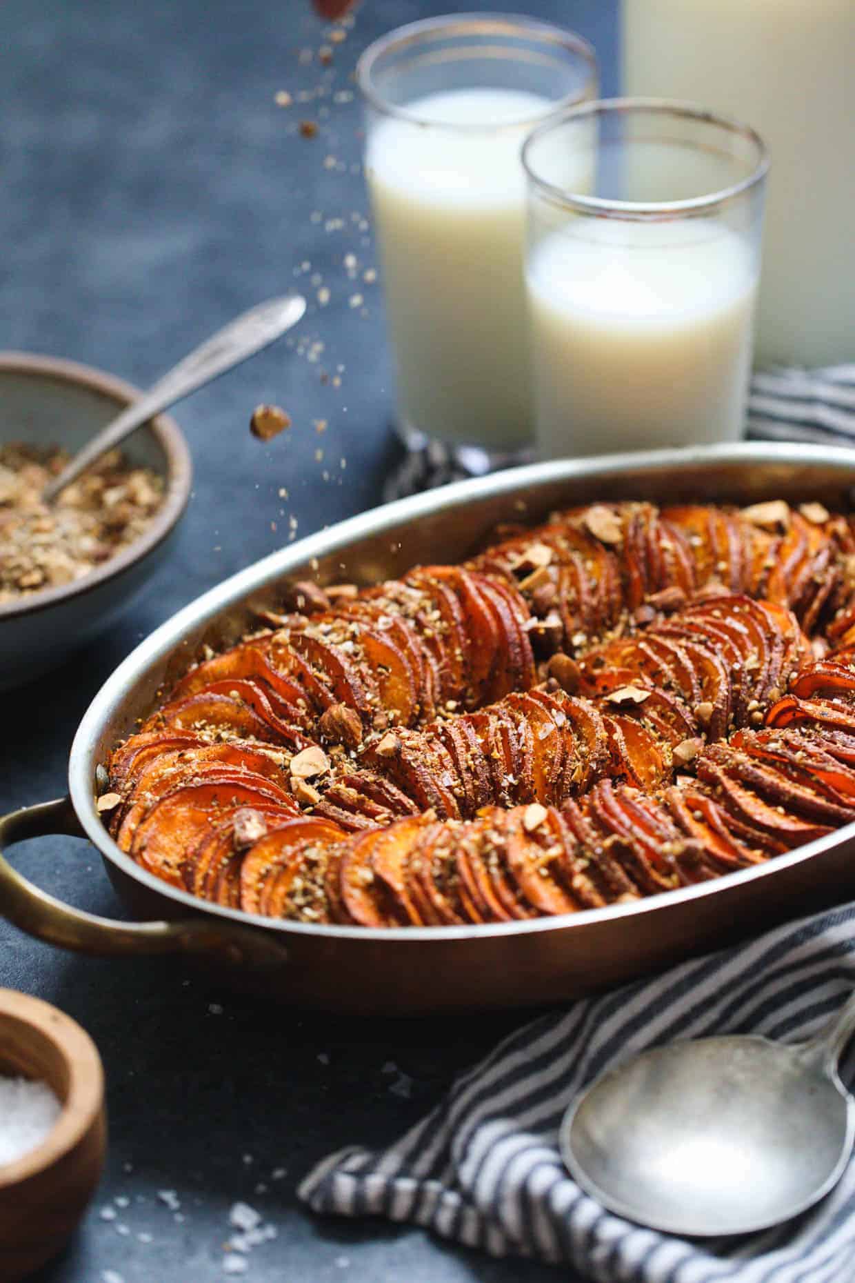 Maple Harissa Sweet Potato Gratin with Almond Dukkah