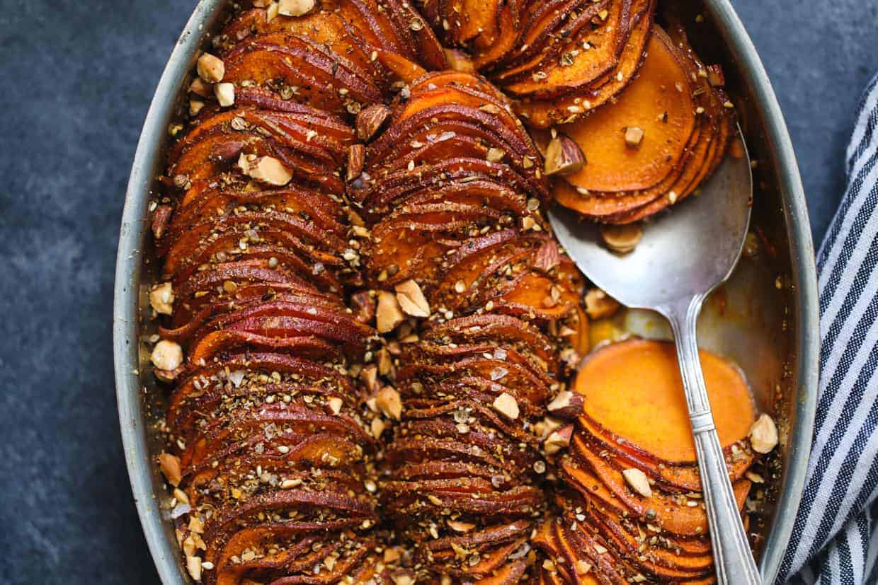 Maple Harissa Sweet Potato Gratin with Almond Dukkah