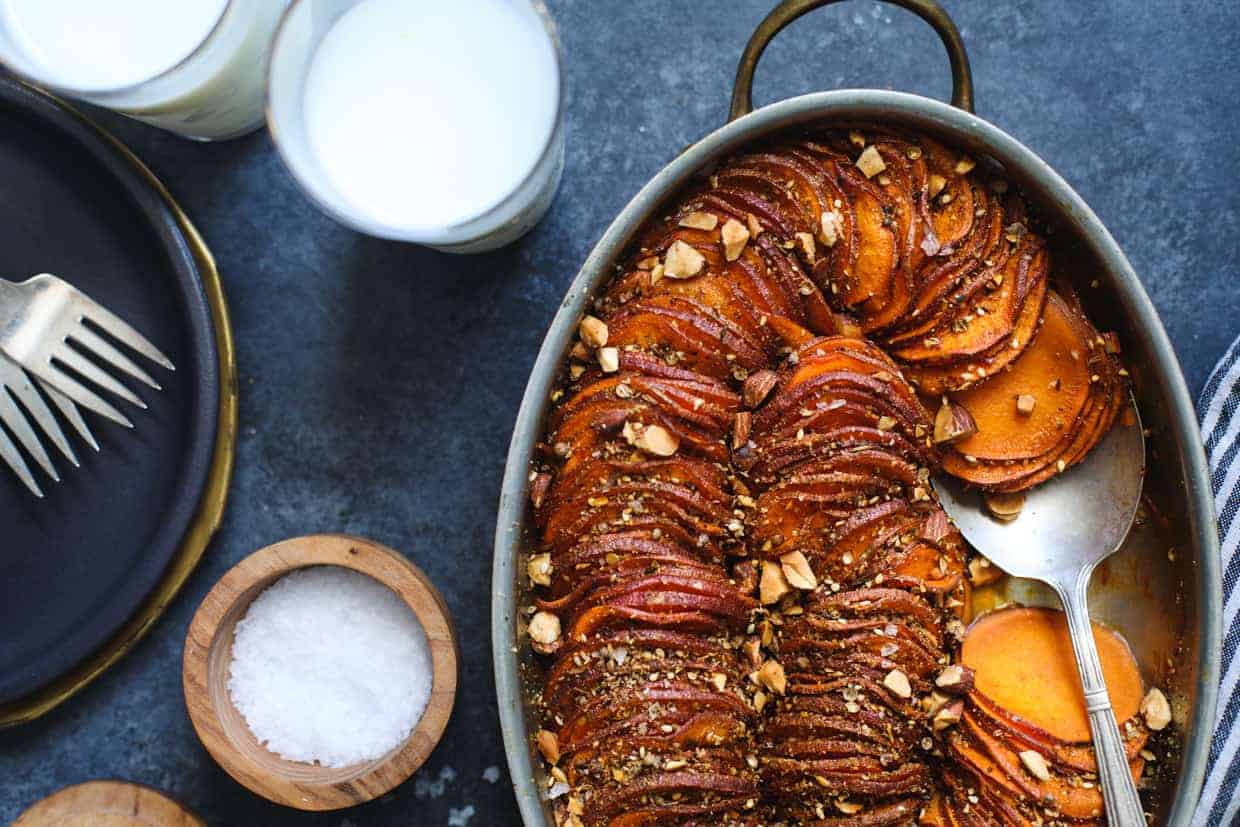 Maple Harissa Sweet Potato Gratin with Almond Dukkah