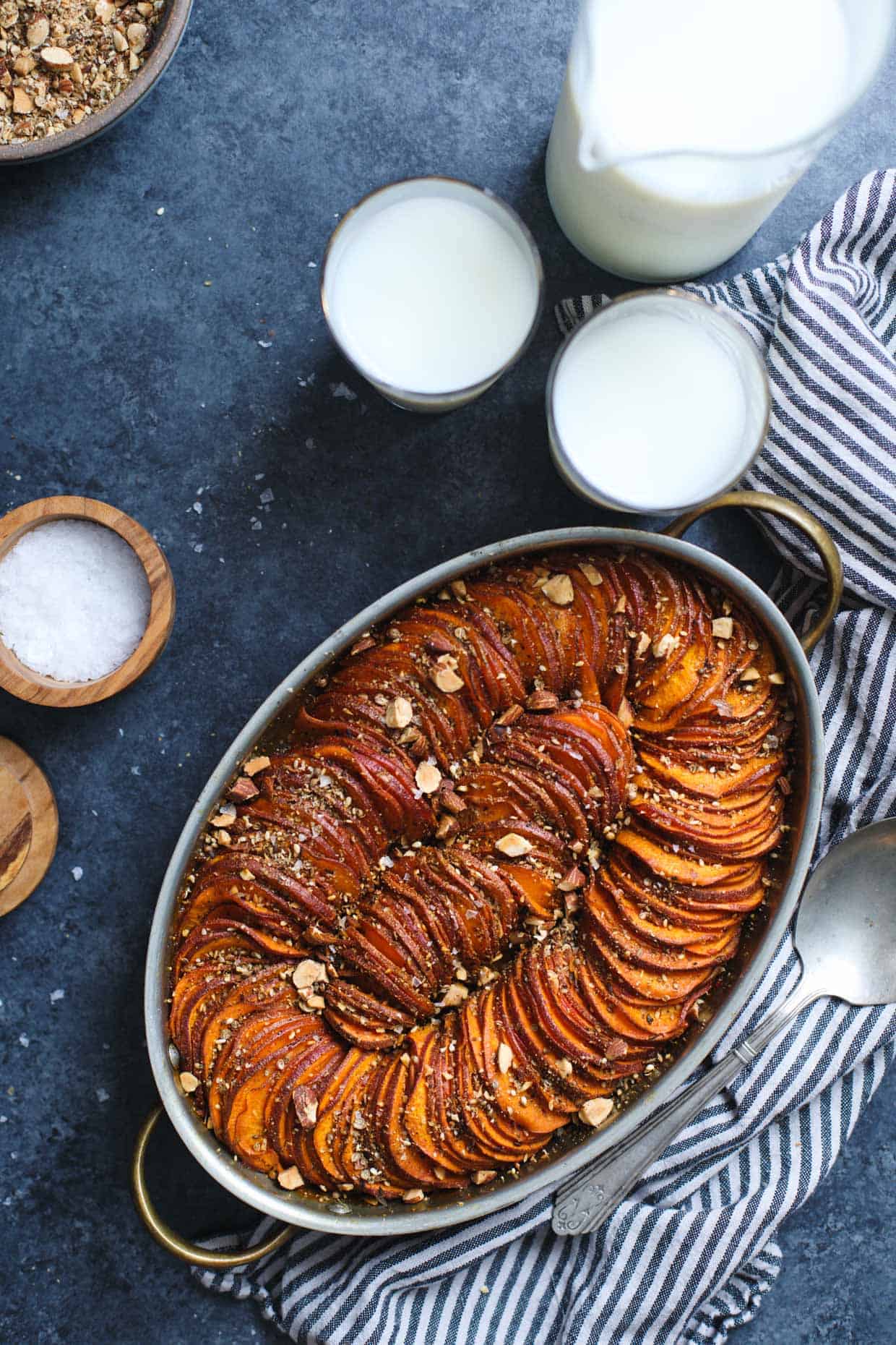 Maple Harissa Sweet Potato Gratin with Almond Dukkah