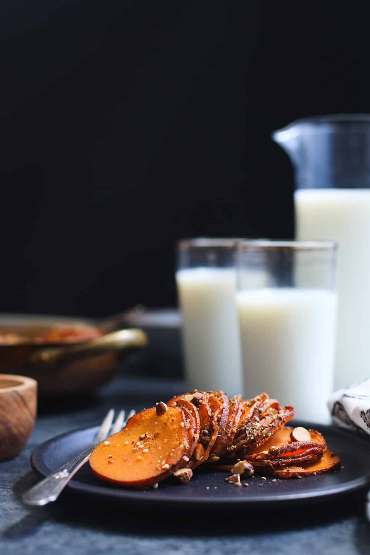 Maple Harissa Sweet Potato Gratin with Almond Dukkah