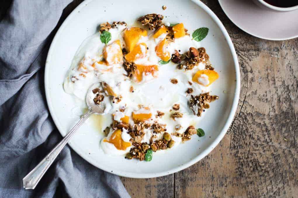 Roasted Butternut Squash and Cardamom Granola Yogurt Breakfast Bowls