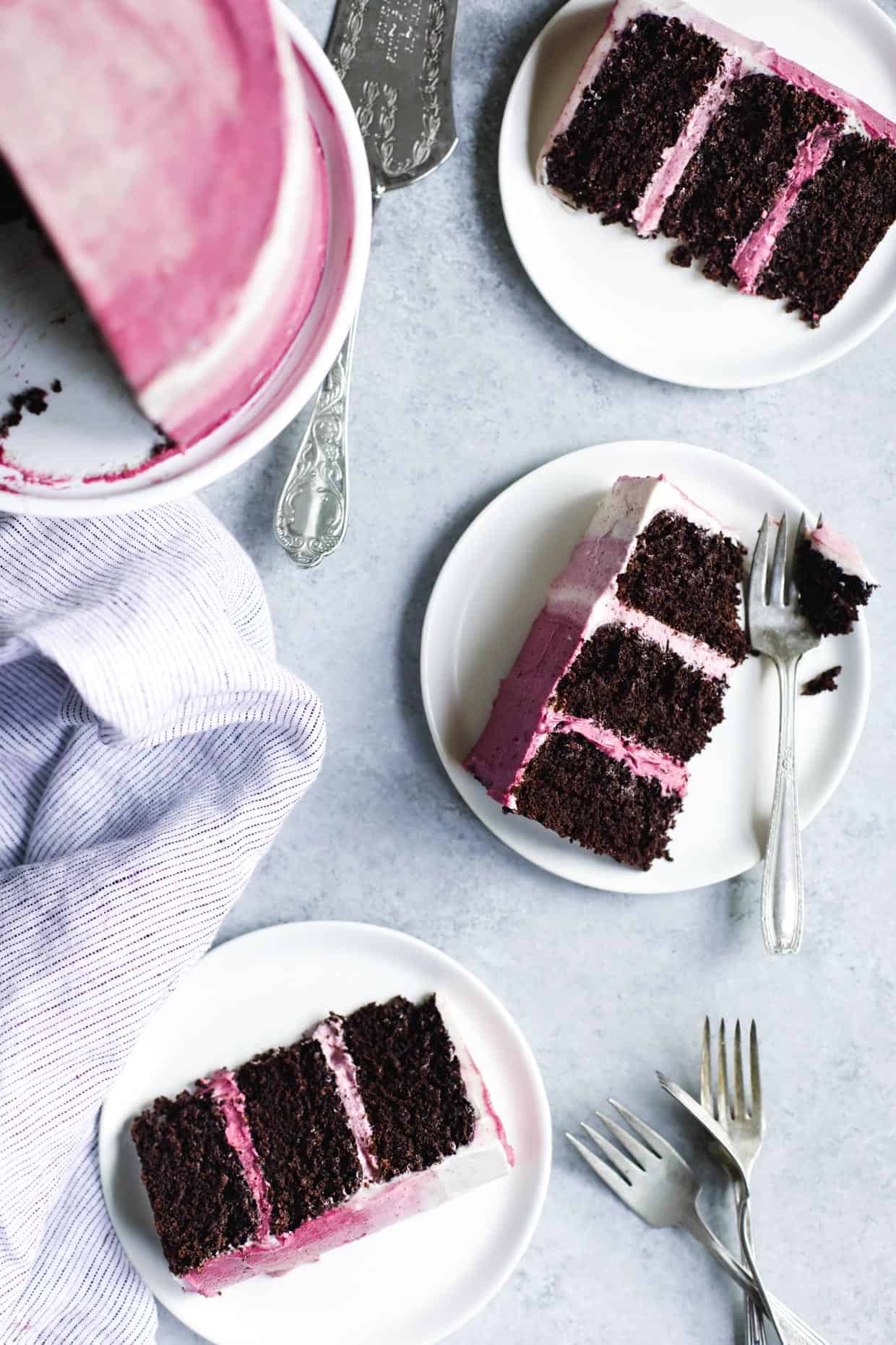 The BEST Gluten-free Chocolate Cake with Ombre Hibiscus Cream Cheese Frosting