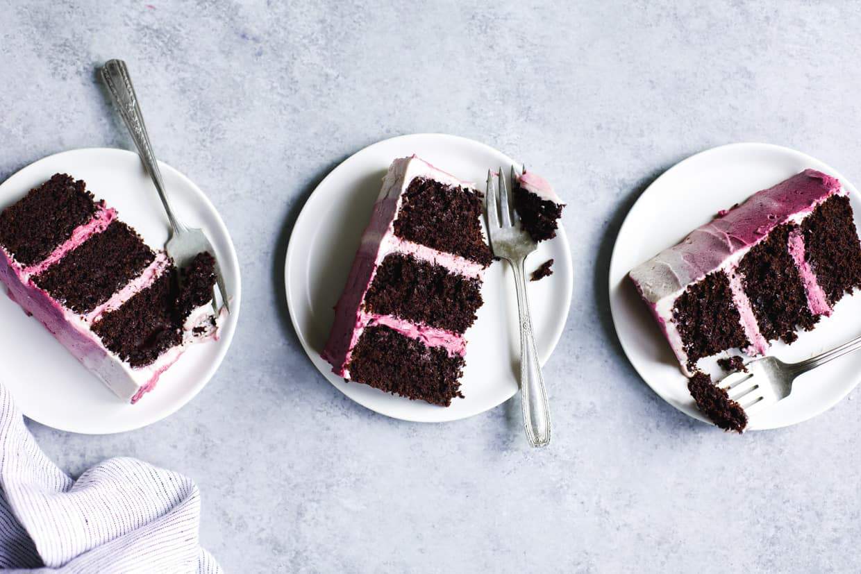 The BEST Gluten-free Chocolate Cake with Ombre Hibiscus Cream Cheese Frosting