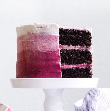 The BEST Gluten-free Classic Chocolate Layer Cake with Ombre Hibiscus Cream Cheese Frosting