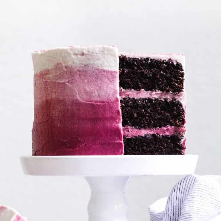 The BEST Gluten-free Classic Chocolate Layer Cake with Ombre Hibiscus Cream Cheese Frosting