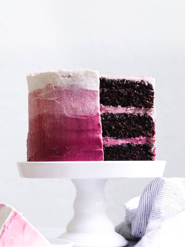 The BEST Gluten-free Classic Chocolate Layer Cake with Ombre Hibiscus Cream Cheese Frosting