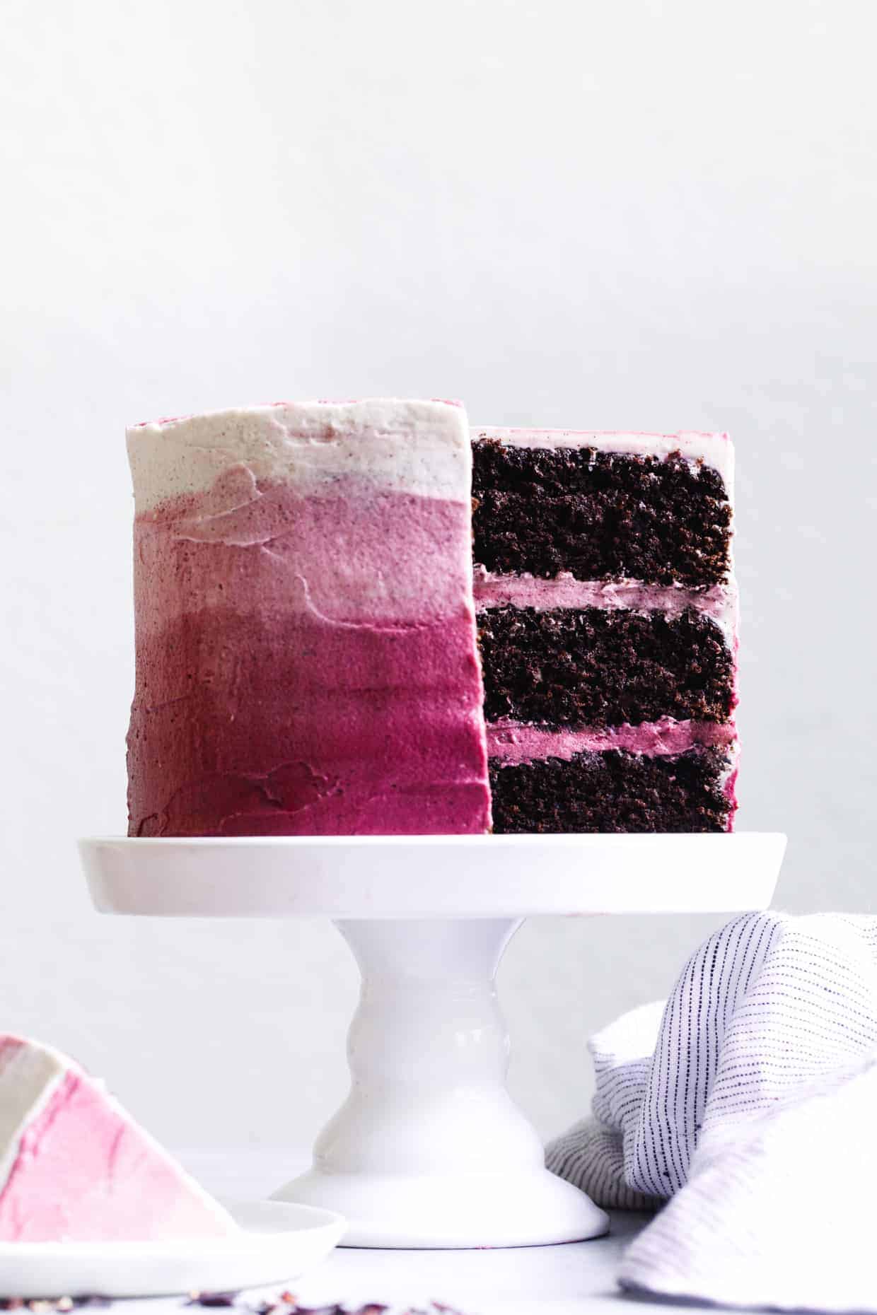 The BEST Gluten-free Chocolate Cake with Ombre Hibiscus Cream Cheese Frosting