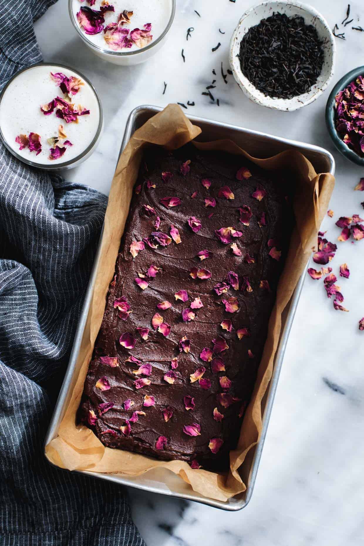 Frosted Earl Grey Brownies with Rose Petals (Gluten-Free)