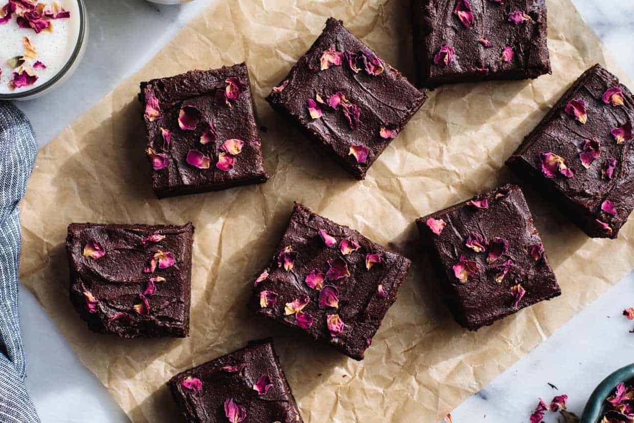 Frosted Earl Grey Brownies with Rose Petals (Gluten-Free)