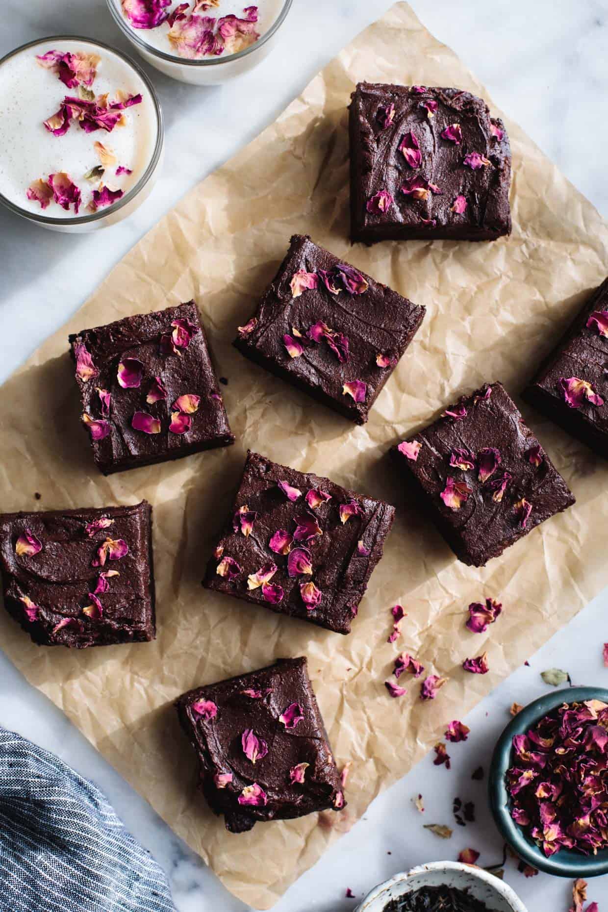 Frosted Earl Grey Brownies with Rose Petals (Gluten-Free)