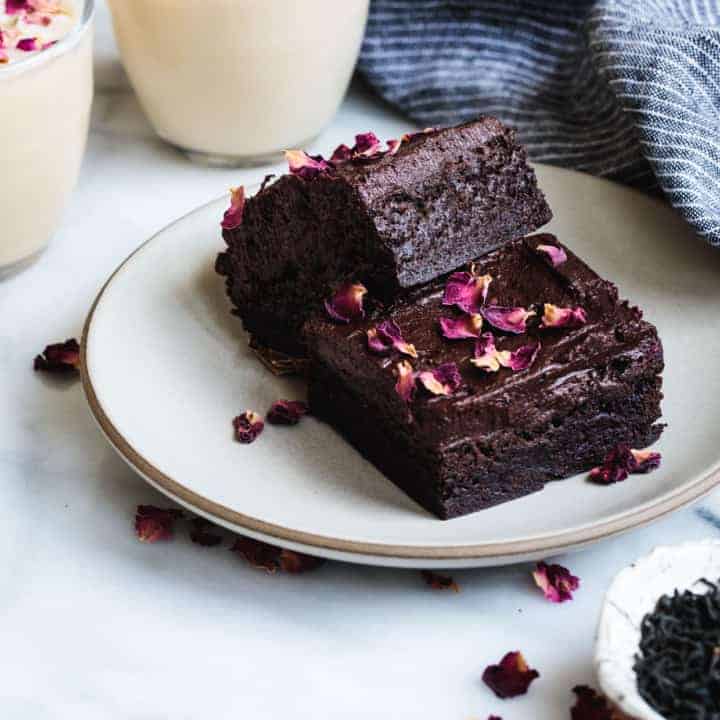 Frosted Earl Grey Brownies with Rose Petals (Gluten-Free)