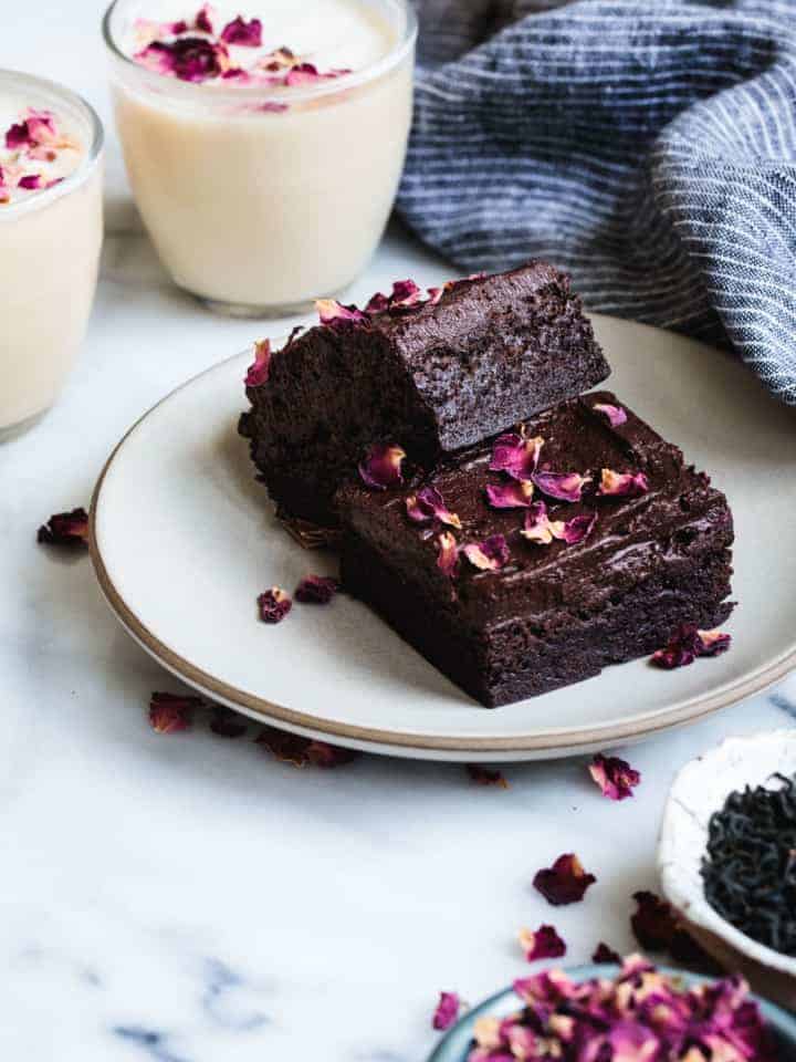 Frosted Earl Grey Brownies with Rose Petals (Gluten-Free)