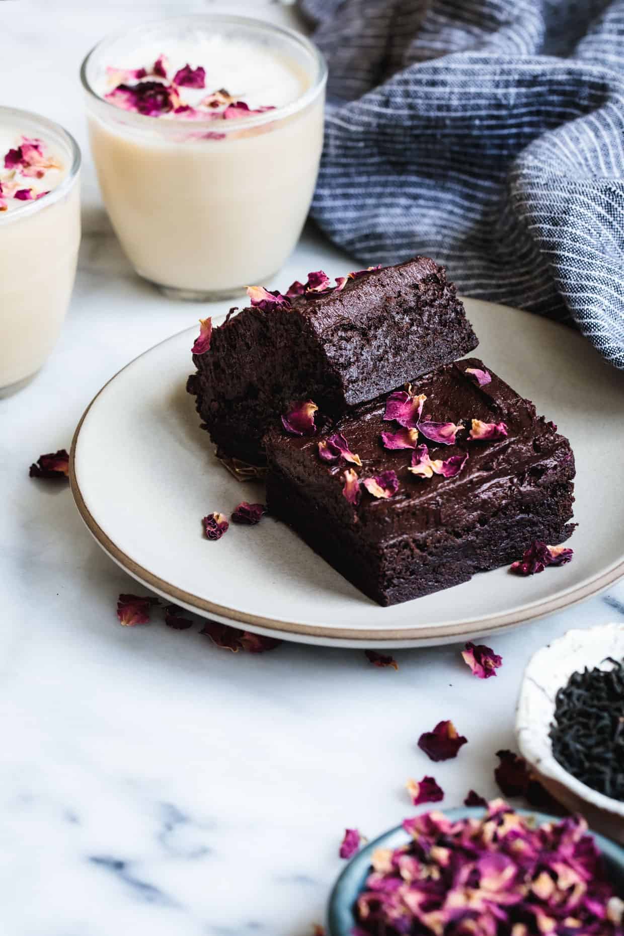 Frosted Earl Grey Brownies with Rose Petals (Gluten-Free)