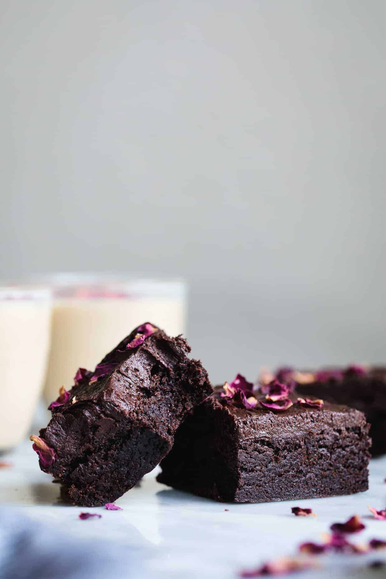 Frosted Earl Grey Brownies with Rose Petals (Gluten-Free)