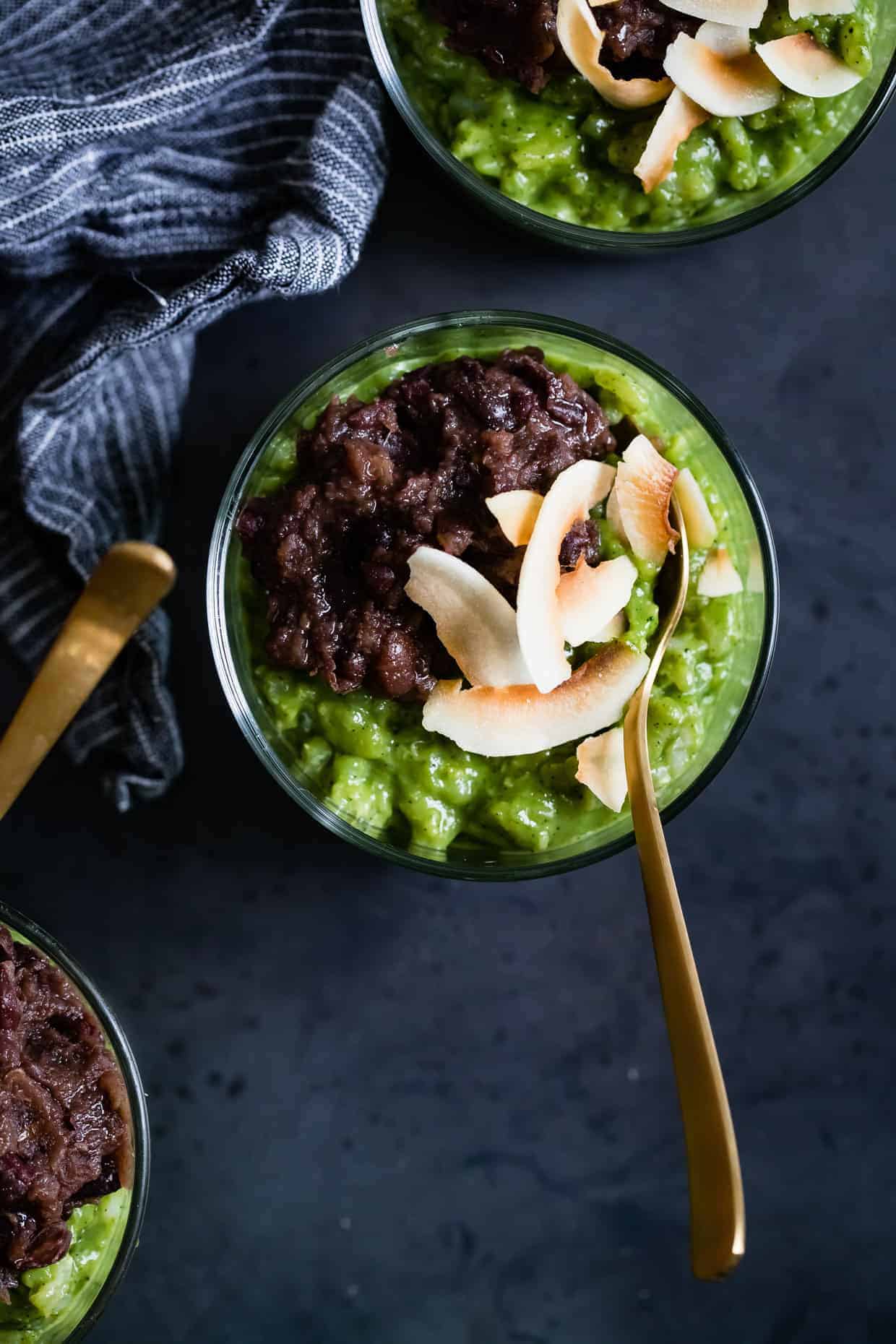 Coconut Matcha Rice Pudding with Date Adzuki Bean Paste {Vegan}