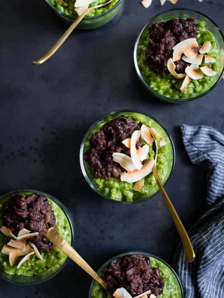 Coconut Matcha Rice Pudding with Date Adzuki Bean Paste {Vegan}