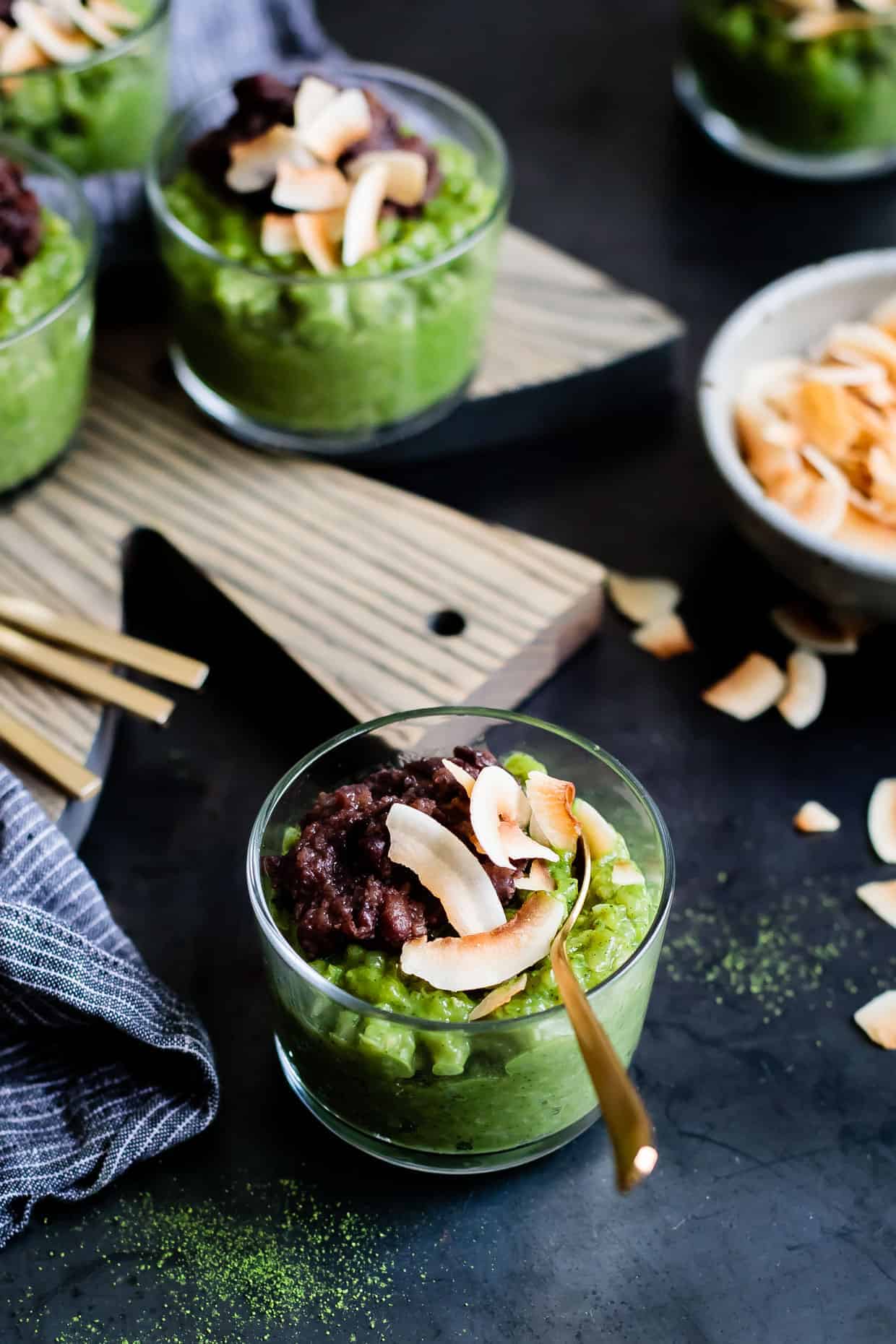 Coconut Matcha Rice Pudding with Date Adzuki Bean Paste {Vegan}