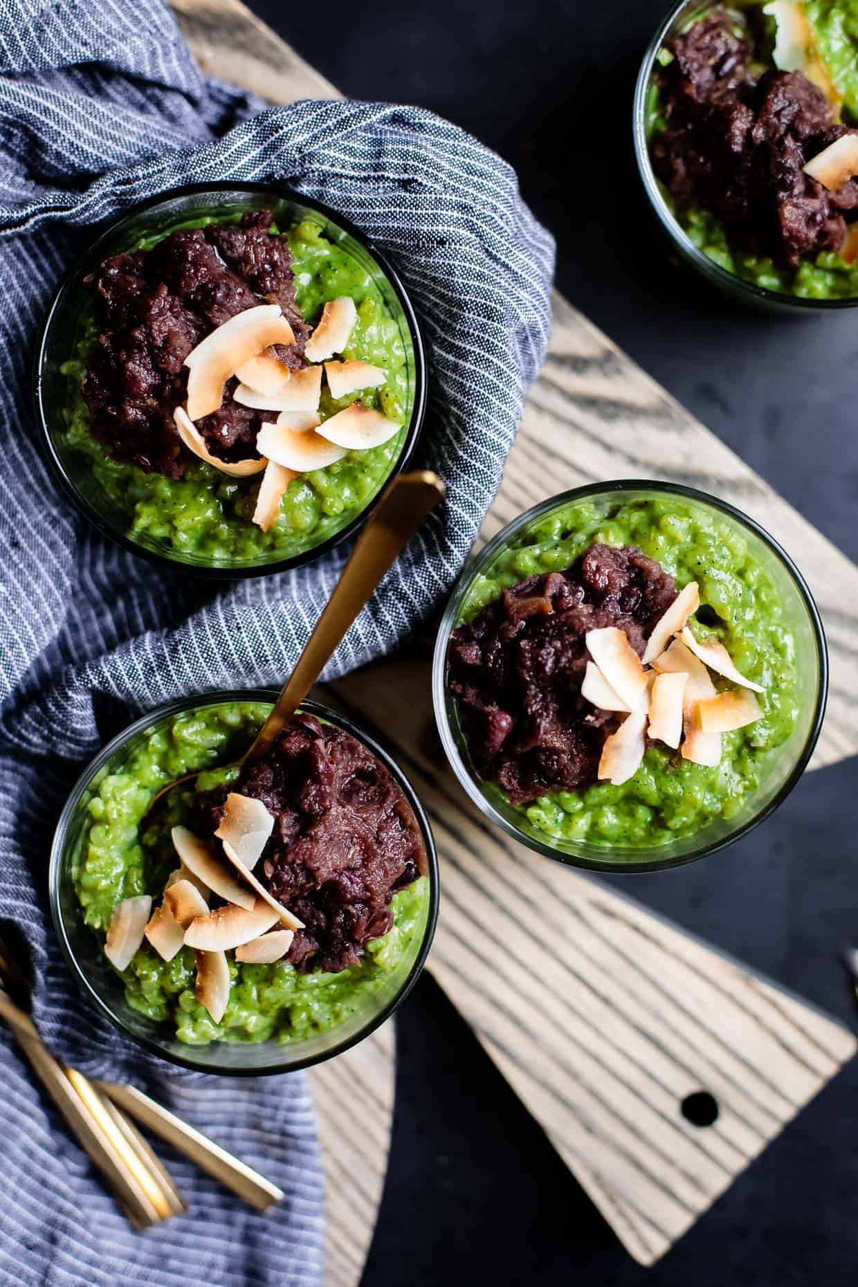 Coconut Matcha Rice Pudding with Date Adzuki Bean Paste {Vegan}