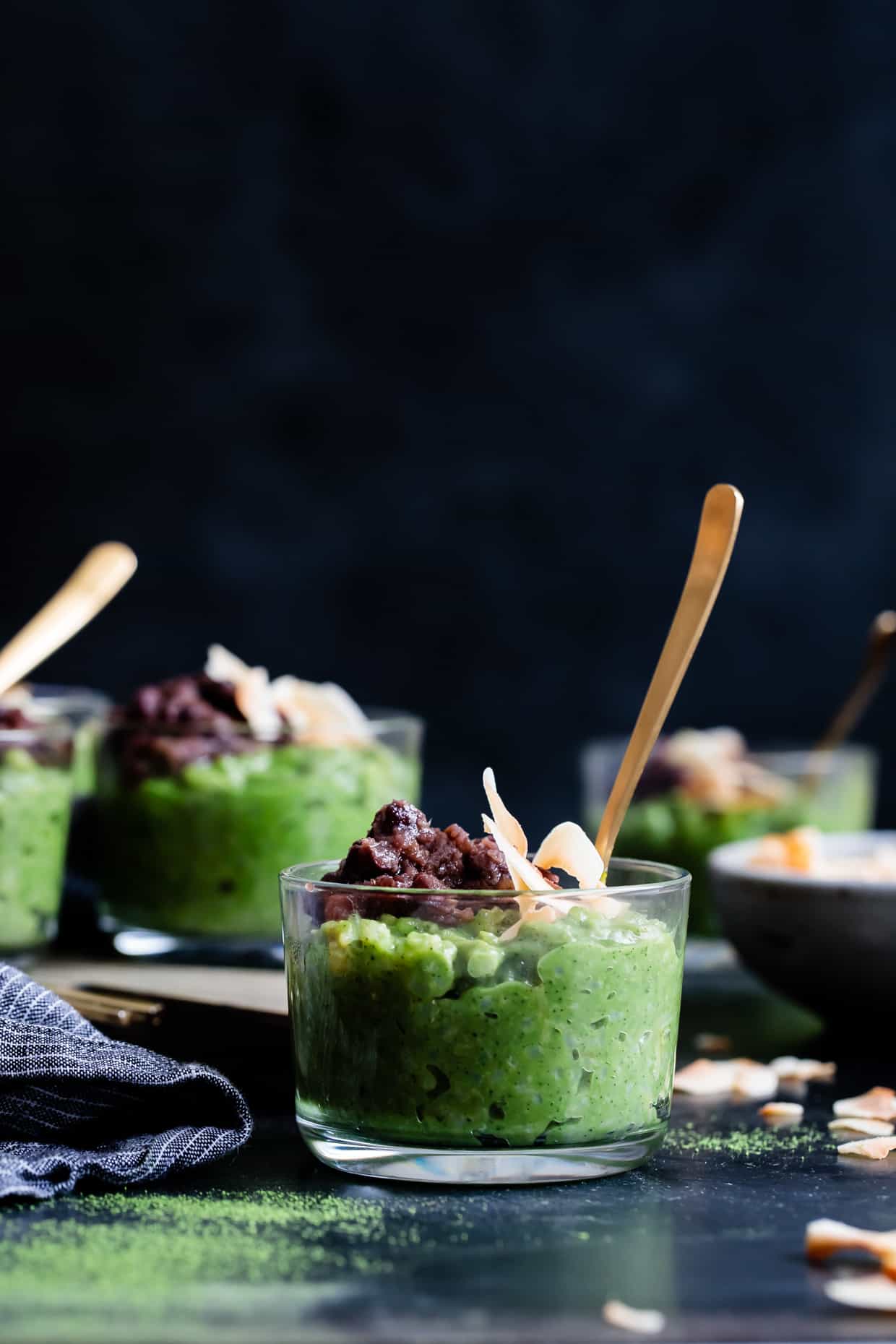 Coconut Matcha Rice Pudding with Date Adzuki Bean Paste {Vegan}