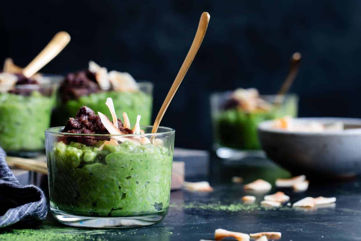 Coconut Matcha Rice Pudding with Date Adzuki Bean Paste {Vegan}