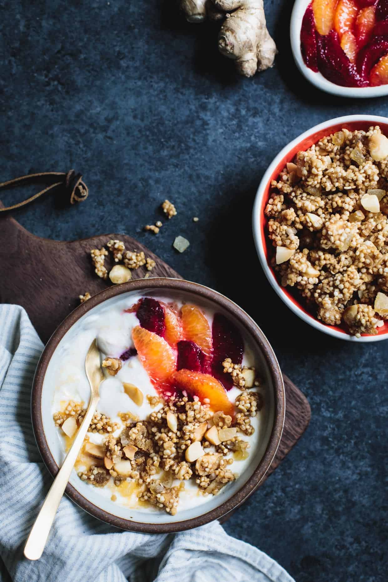 Puffed Quinoa Crumble with Macadamia and Candied Ginger Yogurt Topping
