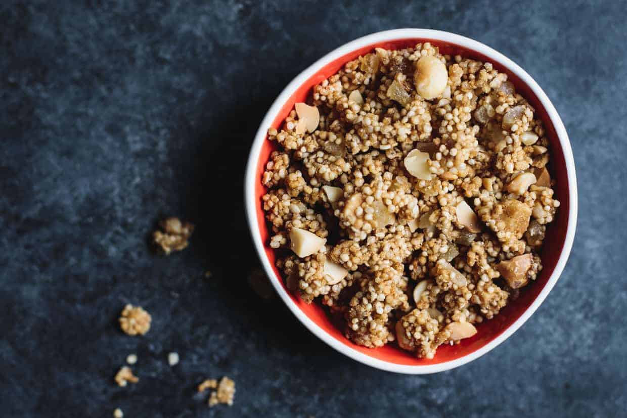 Puffed Quinoa Crumble with Macadamia and Candied Ginger Yogurt Topping