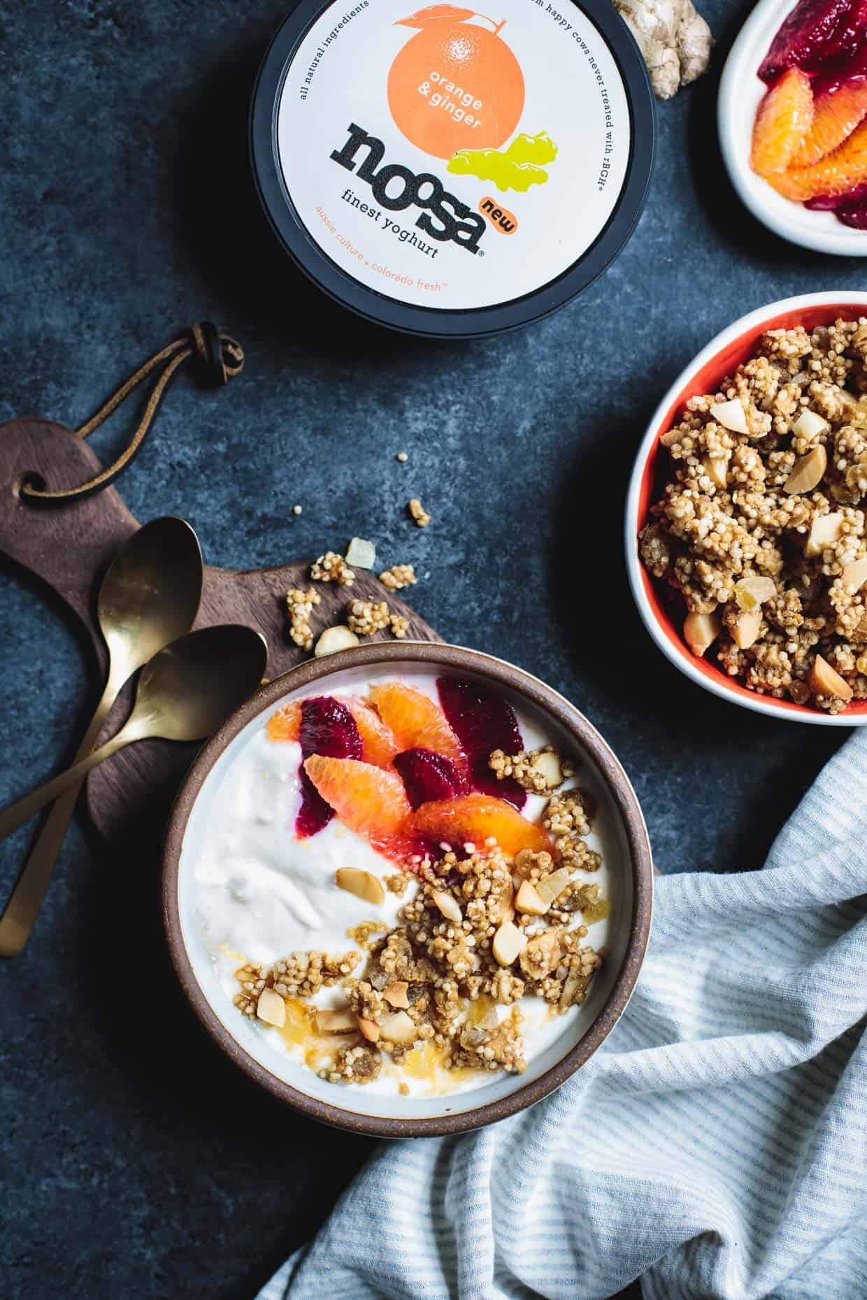 Puffed Quinoa Crumble with Macadamia and Candied Ginger Yogurt Topping