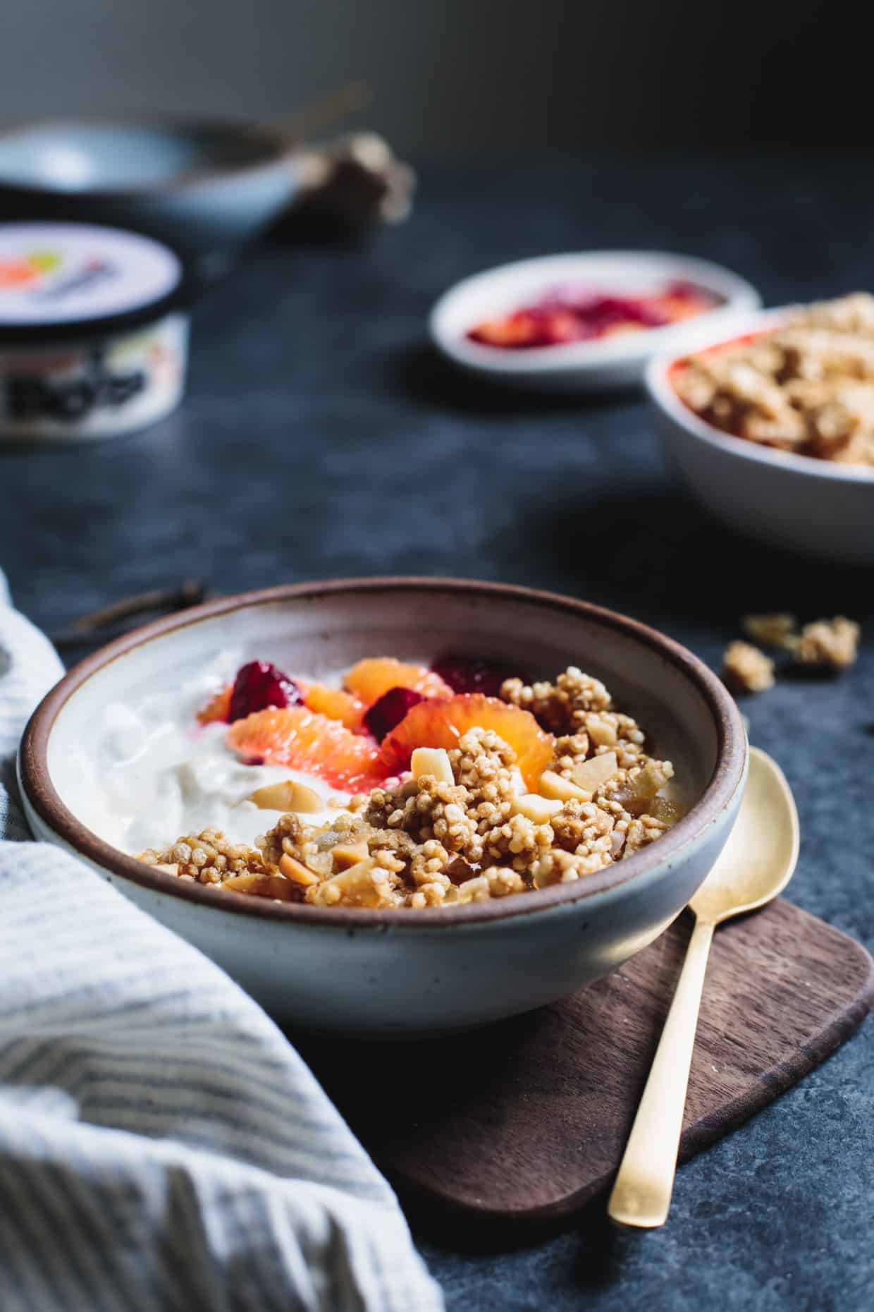 Puffed Quinoa Crumble with Macadamia and Candied Ginger Yogurt Topping