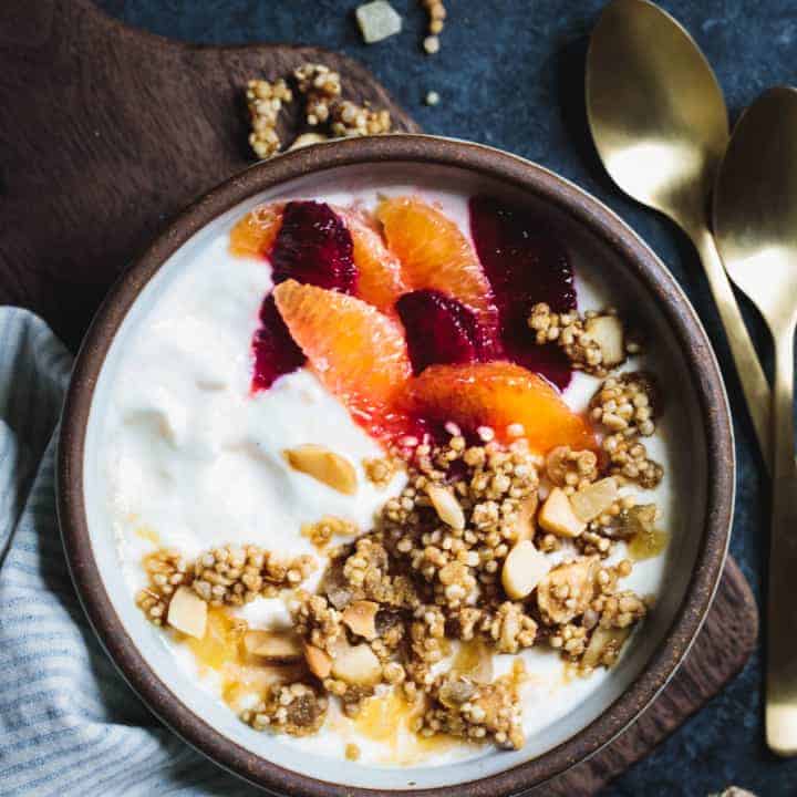 Puffed Quinoa Crumble with Macadamia and Candied Ginger Yogurt Topping