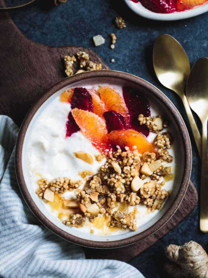 Puffed Quinoa Crumble with Macadamia and Candied Ginger Yogurt Topping